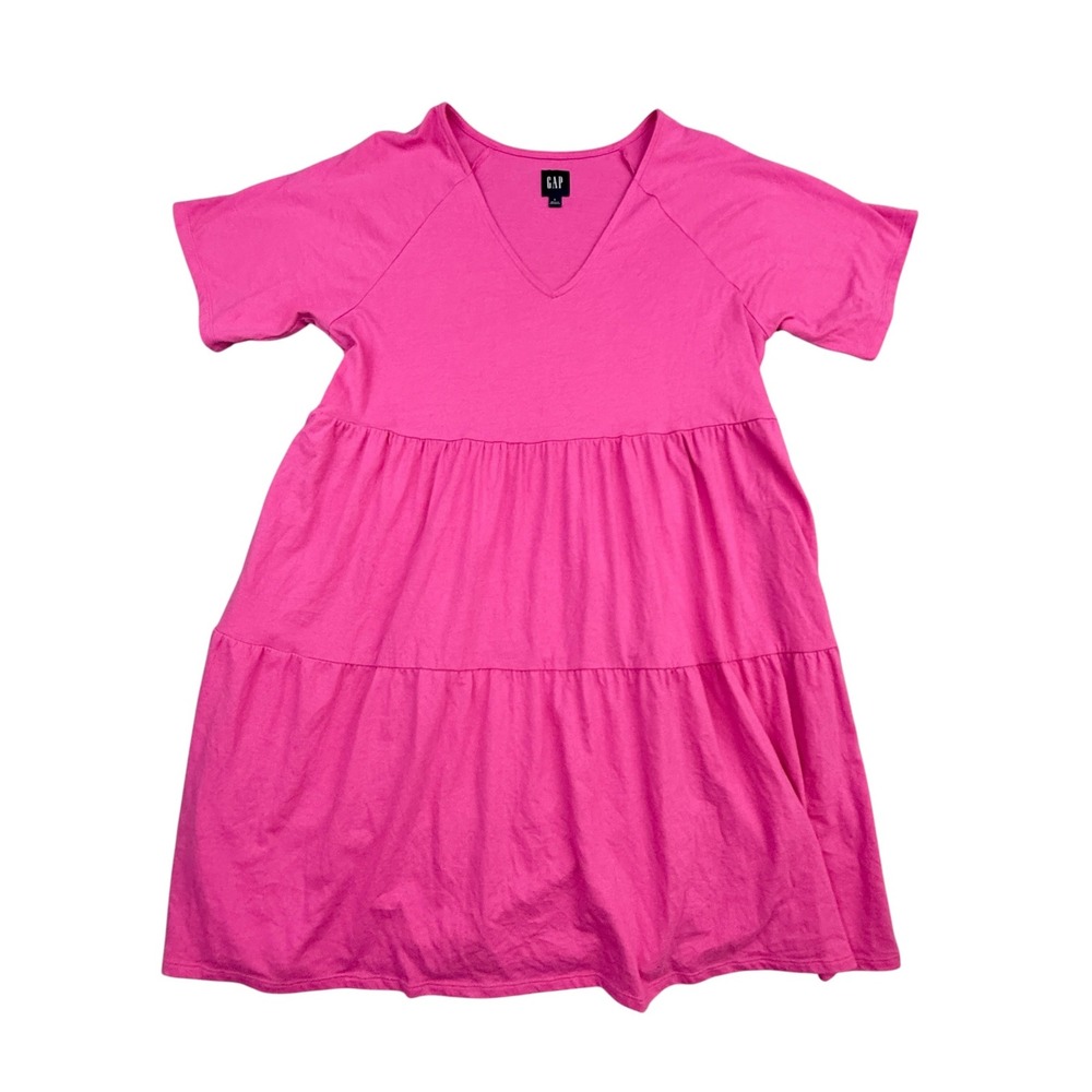 GAP Tiered T-Shirt Dress Womens Large Pink V-Neck Short Sleeve Pockets